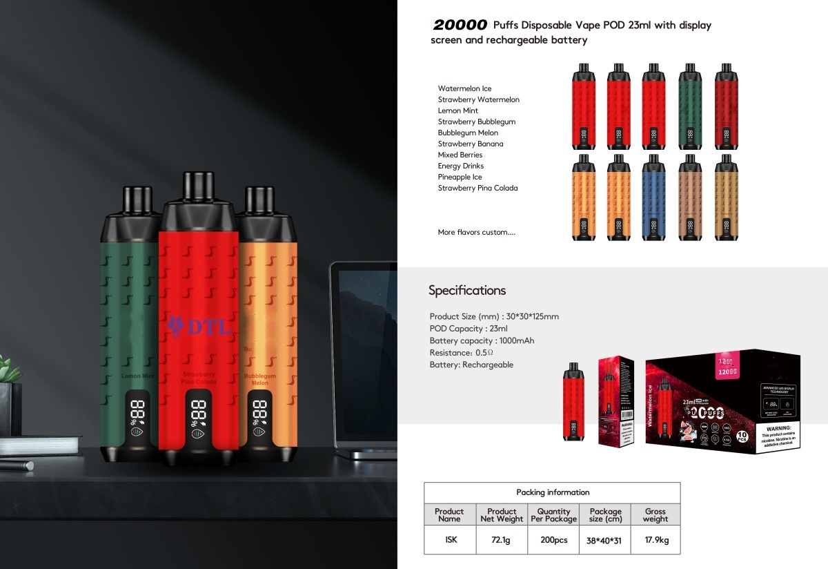 Dispositivo di sigaretta elettronica usa e getta Vape 20000 Tiri DL/DTL E-Shisha/Hookah Puff con schermo, controllo del flusso d'aria e ricaricabile 